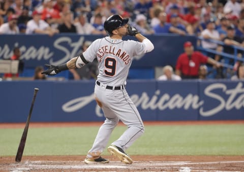 TORONTO, ON – JULY 1: Nicholas Castellanos #9 of the Detroit Tigers hits a grand slam home run in the fifth inning during MLB game action against the Toronto Blue Jays at Rogers Centre on July 1, 2018 in Toronto, Canada. (Photo by Tom Szczerbowski/Getty Images)