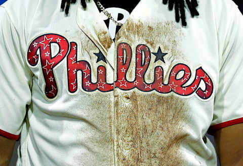 PHILADELPHIA, PA – JULY 03: A view of the front of the special edition 4th of July jersey worn by Maikel Franco #7 of the Philadelphia Phillies during a game against the Baltimore Orioles at Citizens Bank Park on July 3, 2018 in Philadelphia, Pennsylvania. The Phillies won 3-2. (Photo by Hunter Martin/Getty Images)