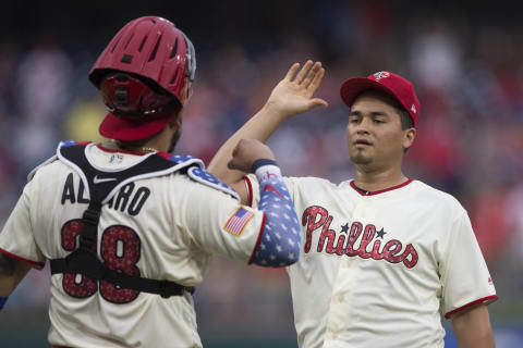 PHILADELPHIA, PA – JULY 4: Jorge Alfaro #38 and Victor Arano #64 of the Philadelphia Phillies celebrate after the game against the Baltimore Orioles at Citizens Bank Park on July 4, 2018 in Philadelphia, Pennsylvania. The Phillies defeated the Orioles 4-1. (Photo by Mitchell Leff/Getty Images)