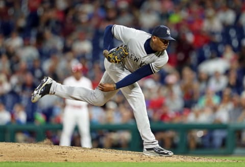 PHILADELPHIA, PA – JUNE 25: Aroldis Chapman #54 of the New York Yankees throws a pitch during a game against the Philadelphia Phillies at Citizens Bank Park on June 25, 2018 in Philadelphia, Pennsylvania. The Yankees won 4-2. (Photo by Hunter Martin/Getty Images)