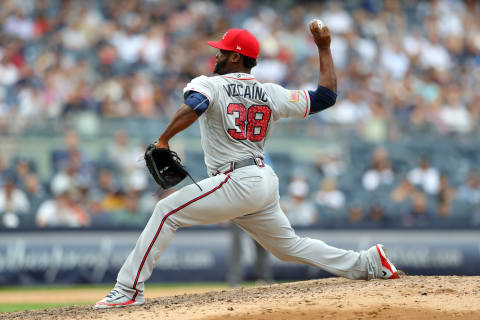 NEW YORK, NY – JULY 4: Arodys Vizcaino #38 of the Atlanta Braves pitches during a game against the New York Yankees at Yankee Stadium on Wednesday, July 4, 2018 in the Bronx borough of New York City. (Photo by Alex Trautwig/MLB via Getty Images)