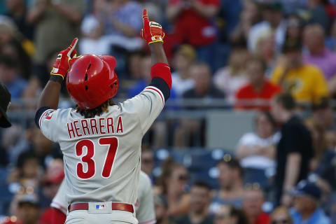 PITTSBURGH, PA – JULY 06: Odubel Herrera #37 of the Philadelphia Phillies reacts after hitting a three run home run in the third inning against the Pittsburgh Pirates at PNC Park on July 6, 2018 in Pittsburgh, Pennsylvania. (Photo by Justin K. Aller/Getty Images)