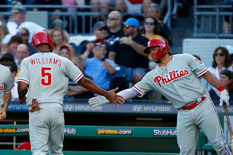 PITTSBURGH, PA – JULY 07: Nick Williams #5 of the Philadelphia Phillies celebrates with Jorge Alfaro #38 after scoring on a RBI single in the seventh inning against the Pittsburgh Pirates at PNC Park on July 7, 2018 in Pittsburgh, Pennsylvania. (Photo by Justin K. Aller/Getty Images)