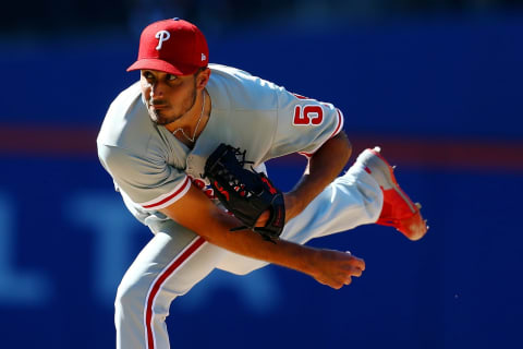 NEW YORK, NY – JULY 09: Zach Eflin #56 of the Philadelphia Phillies pitches in the second inning against the New York Mets during Game One of a doubleheader at Citi Field on July 9, 2018 in the Flushing neighborhood of the Queens borough of New York City. (Photo by Mike Stobe/Getty Images)