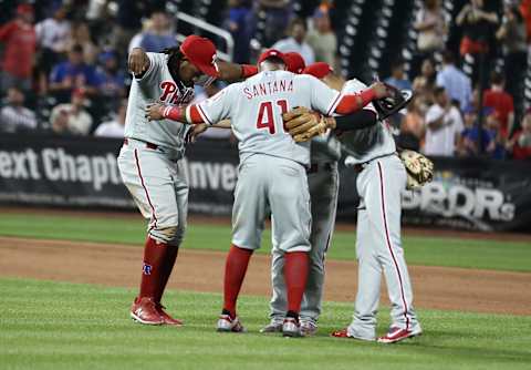 NEW YORK, NY – JULY 10: Maikel Franco #7 of the Philadelphia Phillies celebrates a 7-3 win against the New York Mets after their game at Citi Field on July 10, 2018 in New York City. (Photo by Al Bello/Getty Images)