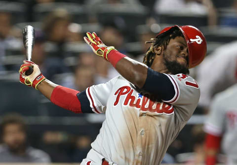 NEW YORK, NY – JULY 11: Odubel Herrera #37 of the Philadelphia Phillies strikes out swinging as he looses his helmet during the eighth inning of a game at Citi Field on July 11, 2018 in the Flushing neighborhood of the Queens borough of New York City. The Mets defeated the Phillies 3-0 in 10 innings. (Photo by Rich Schultz/Getty Images)