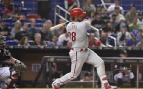 MIAMI, FL – JULY 13: Jorge Alfaro #38 of the Philadelphia Phillies singles during the second inning against the against the Miami Marlins at Marlins Park on July 13, 2018 in Miami, Florida. (Photo by Eric Espada/Getty Images)