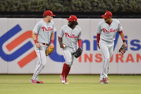 MIAMI, FL – JULY 13: Odubel Herrera #37 of the Philadelphia Phillies celebrates with Rhys Hoskins #17 and Aaron Altherr #23 after defeating the Miami Marlins at Marlins Park on July 13, 2018 in Miami, Florida. (Photo by Eric Espada/Getty Images)