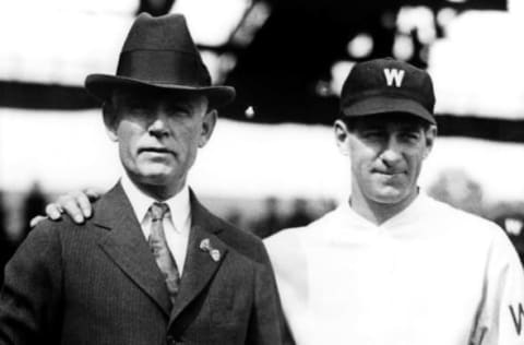 WASHINGTON, D.C. – OCTOBER 4: Owner Clark Griffith and manager/player Bucky Harris of the Washington Senators pose for a portriat prior to Game 1 of the 1924 World Series against the New York Giants on October 4, 1924 at Griffith Stadium in Washington, D.C. (Photo by Bruce Bennett Studios via Getty Images Studios/Getty Images)