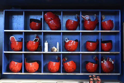 MIAMI, FL – JULY 15: Philadelphia Phillies batting helmets sit in the dugout before the start of the game against the Miami Marlins at Marlins Park on July 15, 2018 in Miami, Florida. (Photo by Eric Espada/Getty Images)