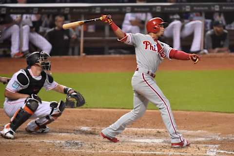 MIAMI, FL – JULY 15: Cesar Hernandez #16 of the Philadelphia Phillies hits a triple during the fourth inning against the Miami Marlins at Marlins Park on July 15, 2018 in Miami, Florida. (Photo by Eric Espada/Getty Images)