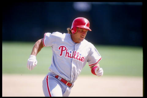 30 May 1993: Catcher Darren Daulton of the Philadelphia Phillies runs around the bases during a game against the Colorado Rockies at Coors Field in Denver, Colorado.