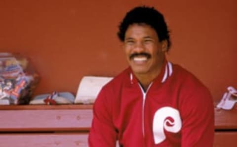 1989 – Juan Samuel of the Philadelphia Phillies looks on from the bench during a game in the 1989 season. (Photo by: Otto Greule Jr/Getty Images)