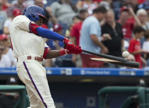 PHILADELPHIA, PA – SEPTEMBER 18: Roman Quinn #24 of the Philadelphia Phillies breaks his bat on a line drive out to the pitcher in the bottom of the fifth inning against the Miami Marlins at Citizens Bank Park on September 18, 2016 in Philadelphia, Pennsylvania. The Marlins defeated the Phillies 5-4. (Photo by Mitchell Leff/Getty Images)