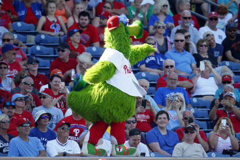 SARASOTA, FL- MARCH 09: The Phillie Phanatic taunts the Toronto Blue Jays on March 9, 2017 at Spectrum Field in Clearwater, Florida. (Photo by Justin K. Aller/Getty Images)