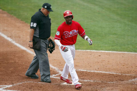 CLEARWATER, FL – MARCH 12: Roman Quinn #24 of the Philadelphia Phillies touches the plate after hitting a solo home run in the third inning against the Boston Red Sox during a spring training game at Spectrum Field on March 12, 2017 in Clearwater, Florida. (Photo by Justin K. Aller/Getty Images)