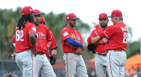 SARASOTA, FL – MARCH 13: Bob McClure #22 of the Philadelphia Phillies makes a pitching change during the seventh inning of the Spring Training Game against the Baltimore Orioles on March 13, 2017 at Ed Smith Stadium in Sarasota, Florida. Baltimore defeated Philadelphia 6-4. (Photo by Leon Halip/Getty Images)