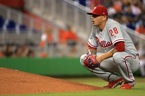 MIAMI, FL – JULY 18: Vince Velasquez #28 of the Philadelphia Phillies looks on during a game against the Miami Marlins at Marlins Park on July 18, 2017 in Miami, Florida. (Photo by Mike Ehrmann/Getty Images)