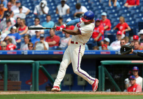 PHILADELPHIA, PA – JULY 23: Nick Williams #5 of the Philadelphia Phillies hits a ground ball and is safe on an error in the fifth inning during a game against the Milwaukee Brewers at Citizens Bank Park on July 23, 2017 in Philadelphia, Pennsylvania. The Phillies won 6-3. (Photo by Hunter Martin/Getty Images)