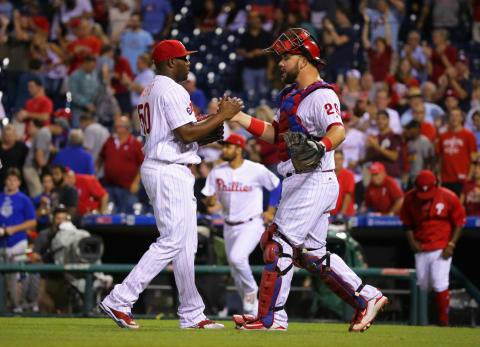 PHILADELPHIA, PA – JULY 26: Hector Neris #50 of the Philadelphia Phillies celebrates with Cameron Rupp #29 after finishing a game against the Houston Astros at Citizens Bank Park on July 26, 2017 in Philadelphia, Pennsylvania. The Phillies won 9-0. (Photo by Hunter Martin/Getty Images)