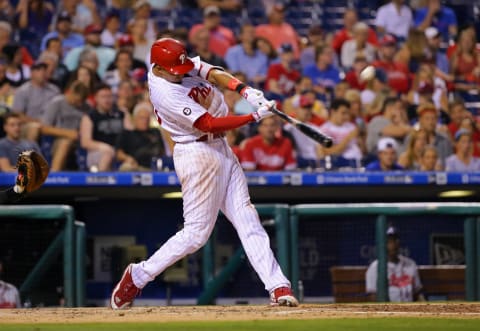 PHILADELPHIA, PA – JULY 28: Aaron Altherr #23 of the Philadelphia Phillies hits a solo home run in the fifth inning during a game against the Atlanta Braves at Citizens Bank Park on July 28, 2017 in Philadelphia, Pennsylvania. The Phillies won 10-3. (Photo by Hunter Martin/Getty Images)