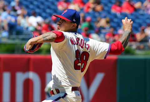 PHILADELPHIA, PA – JULY 30: Starting pitcher Vince Velasquez #28 of the Philadelphia Phillies throws a pitch in the third inning during a game against the Atlanta Braves at Citizens Bank Park on July 30, 2017 in Philadelphia, Pennsylvania. The Phillies won 2-1. (Photo by Hunter Martin/Getty Images)