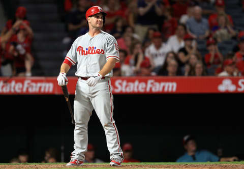 ANAHEIM, CA – AUGUST 01: Tommy Joseph #19 of the Philadelphia Phillies strikes out with bases during the seventh inning of a game against the Los Angeles Angels of Anaheim at Angel Stadium of Anaheim on August 1, 2017 in Anaheim, California. (Photo by Sean M. Haffey/Getty Images)