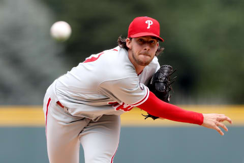 DENVER, CO – AUGUST 06: Starting pitcher Aaron Nola #27 of the Philadelphia Phillies throws in the first inning against the Colorado Rockies at Coors Field on August 6, 2017 in Denver, Colorado. (Photo by Matthew Stockman/Getty Images)