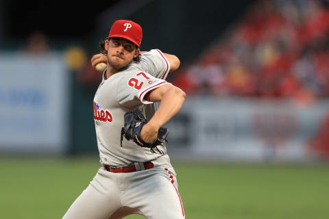 ANAHEIM, CA – AUGUST 01: Aaron Nola #27 of the Philadelphia Phillies pitches during the first inning of a game against the Los Angeles Angels of Anaheim at Angel Stadium of Anaheim on August 1, 2017 in Anaheim, California. (Photo by Sean M. Haffey/Getty Images)