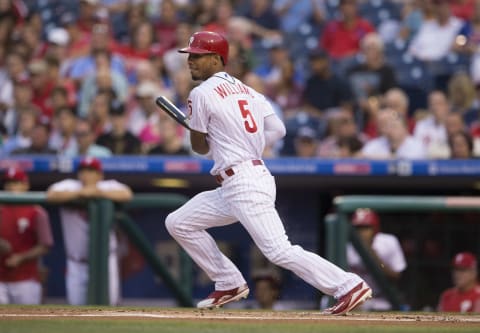 PHILADELPHIA, PA – AUGUST 11: Nick Williams #5 of the Philadelphia Phillies hits an RBI single in the bottom of the first inning against the New York Mets at Citizens Bank Park on August 11, 2017 in Philadelphia, Pennsylvania. (Photo by Mitchell Leff/Getty Images)