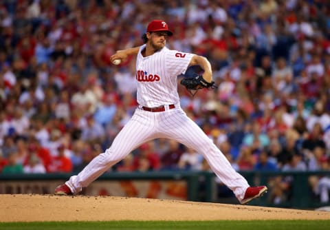 PHILADELPHIA, PA – AUGUST 12: Starting pitcher Aaron Nola #27 of the Philadelphia Phillies throws a pitch in the first inning during a game against the against the New York Mets at Citizens Bank Park on August 12, 2017 in Philadelphia, Pennsylvania. (Photo by Hunter Martin/Getty Images)