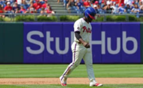 PHILADELPHIA, PA – AUGUST 13: Odubel Herrera #37 of the Philadelphia Phillies walks off the field after being called out at third base after trying to tag up from second base on a fly ball in the fifth inning during a game against the New York Mets at Citizens Bank Park on August 13, 2017 in Philadelphia, Pennsylvania. The Mets won 6-2. (Photo by Hunter Martin/Getty Images)