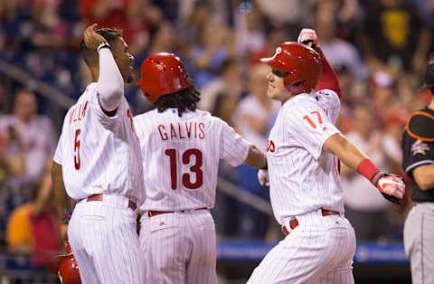 PHILADELPHIA, PA – AUGUST 23: Rhys Hoskins #17 of the Philadelphia Phillies celebrates with Nick Williams #5 and Freddy Galvis #13 after hitting a three run home run in the bottom of the third inning against the Miami Marlins at Citizens Bank Park on August 23, 2017 in Philadelphia, Pennsylvania. (Photo by Mitchell Leff/Getty Images)