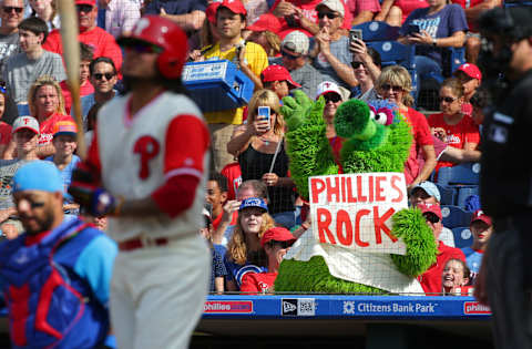 PHILADELPHIA, PA – AUGUST 27: The Phillie Phanatic performs in the seventh inning during a game between the Chicago Cubs and the Philadelphia Phillies at Citizens Bank Park on August 27, 2017 in Philadelphia, Pennsylvania. The Phillies won 6-3. (Photo by Hunter Martin/Getty Images)