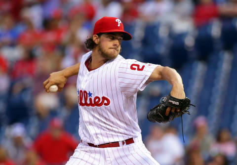 PHILADELPHIA, PA – AUGUST 28: Starting pitcher Aaron Nola #27 of the Philadelphia Phillies throws a pitch in the first inning during a game against the Atlanta Braves at Citizens Bank Park on August 28, 2017 in Philadelphia, Pennsylvania. (Photo by Hunter Martin/Getty Images)