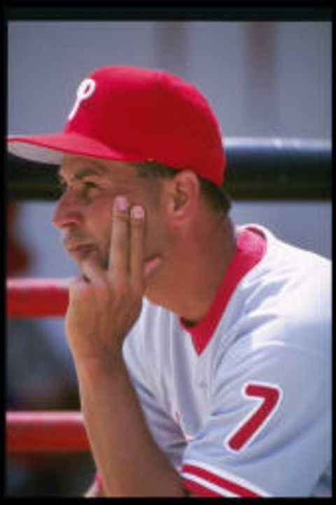 5 Mar 1997: Philadelphia Phillies manager Terry Francona looks on from dugout during spring training game against the Toronto Blue Jays in Clearwater, Florida. Mandatory Credit: Allsport /Allsport