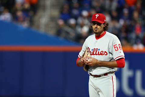 NEW YORK, NY – APRIL 18: Zach Eflin #56 of the Philadelphia Phillies looks on after giving up a run in the first inning against the New York Mets during their game at Citi Field on April 18, 2017 in New York City. (Photo by Al Bello/Getty Images)