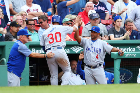 BOSTON, MA – APRIL 29: Jon Jay #30 of the Chicago Cubs celebrates with Manager Joe Maddon and bench coach Dave Martinez #4 after scoring against the Boston Red Sox during the seventh inning at Fenway Park on April 29, 2017 in Boston, Massachusetts. (Photo by Maddie Meyer/Getty Images)