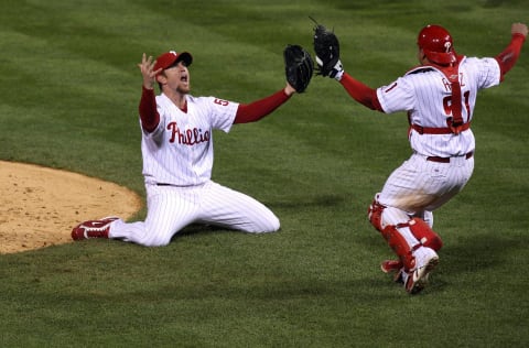 PHILADELPHIA – OCTOBER 29: Brad Lidge #54 (L) and Carlos Ruiz #51 of the Philadelphia Phillies celebrate the final out of their 4-3 win to win the World Series against the Tampa Bay Rays during the continuation of game five of the 2008 MLB World Series on October 29, 2008 at Citizens Bank Park in Philadelphia, Pennsylvania. (Photo by Jim McIsaac/Getty Images)