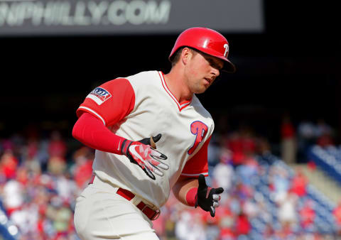 PHILADELPHIA, PA – AUGUST 27: Rhys Hoskins #17 of the Philadelphia Phillies rounds the bases after hitting a solo home run in the eighth inning during a game against the Chicago Cubs at Citizens Bank Park on August 27, 2017 in Philadelphia, Pennsylvania. The Phillies won 6-3. (Photo by Hunter Martin/Getty Images)