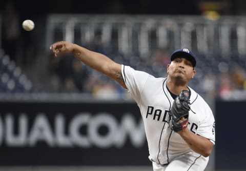 SAN DIEGO, CA – AUGUST 28: Jhoulys Chacin #46 of the San Diego Padres pitches during the first inning of a baseball game against the San Francisco Giants at PETCO Park on August 28, 2017 in San Diego, California. (Photo by Denis Poroy/Getty Images)