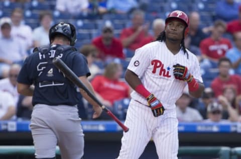 PHILADELPHIA, PA – AUGUST 30: Maikel Franco #7 of the Philadelphia Phillies throws his bat after striking out to end the third inning against the Atlanta Braves in game two of the doubleheader at Citizens Bank Park on August 30, 2017 in Philadelphia, Pennsylvania. (Photo by Mitchell Leff/Getty Images)