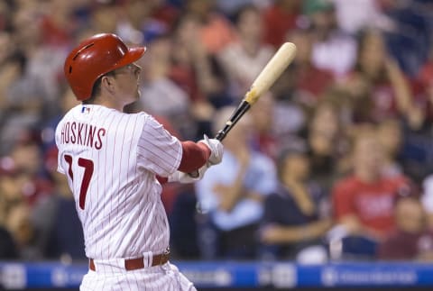 PHILADELPHIA, PA – SEPTEMBER 13: Rhys Hoskins #17 of the Philadelphia Phillies hits a two run home run in the bottom of the fifth inning against the Miami Marlins at Citizens Bank Park on September 13, 2017 in Philadelphia, Pennsylvania. The Phillies defeated the Marlins 8-1. (Photo by Mitchell Leff/Getty Images)