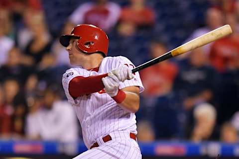 PHILADELPHIA, PA – SEPTEMBER 14: Rhys Hoskins #17 of the Philadelphia Phillies watches the ball as he hits a town run home run in the second inning against the Miami Marlins at Citizens Bank Park on September 14, 2017 in Philadelphia, Pennsylvania. (Photo by Drew Hallowell/Getty Images)