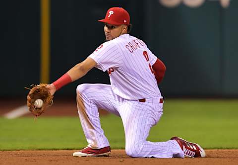 PHILADELPHIA, PA – SEPTEMBER 14: J.P. Crawford #2 of the Philadelphia Phillies fields a ground ball in the ninth inning against the Miami Marlins at Citizens Bank Park on September 14, 2017 in Philadelphia, Pennsylvania. The Phillies won 10-0. (Photo by Drew Hallowell/Getty Images)