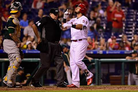 PHILADELPHIA, PA – SEPTEMBER 16: Jorge Alfaro #38 of the Philadelphia Phillies points skyward after his two-run homer against the Oakland Athletics during the sixth inning at Citizens Bank Park on September 16, 2017 in Philadelphia, Pennsylvania. (Photo by Corey Perrine/Getty Images)