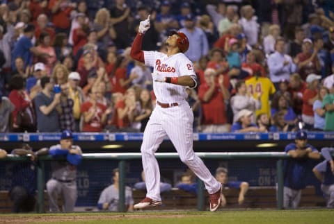 PHILADELPHIA, PA – SEPTEMBER 18: Aaron Altherr #23 of the Philadelphia Phillies reacts after hitting a grand slam in the bottom of the sixth inning against the Los Angeles Dodgers at Citizens Bank Park on September 18, 2017 in Philadelphia, Pennsylvania. The Phillies defeated the Dodgers 4-3. (Photo by Mitchell Leff/Getty Images)