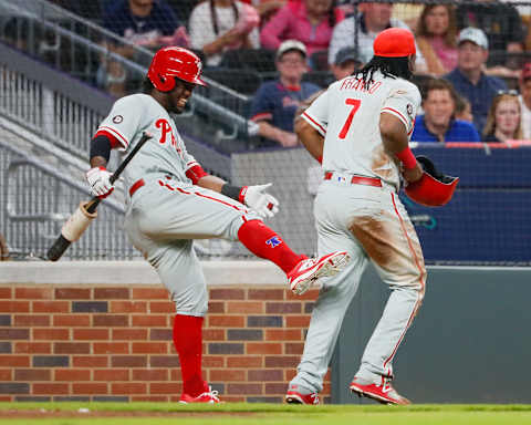 ATLANTA, GA – SEPTEMBER 23: Maikel Franco #7 of the Philadelphia Phillies celebrates scoring a run with Odubel Herrera #37 in the fifth inning of an MLB game against the Atlanta Braves at SunTrust Park on September 23, 2017 in Atlanta, Georgia. (Photo by Todd Kirkland/Getty Images)