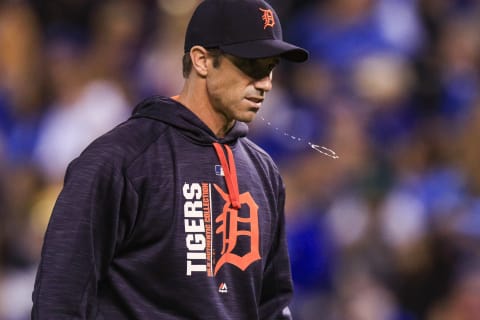 KANSAS CITY, MO – SEPTEMBER 27: Brad Ausmus #7 of the Detroit Tigers spits during the seventh inning against the Kansas City Royals at Kauffman Stadium on September 27, 2017 in Kansas City, Missouri. (Photo by Brian Davidson/Getty Images)