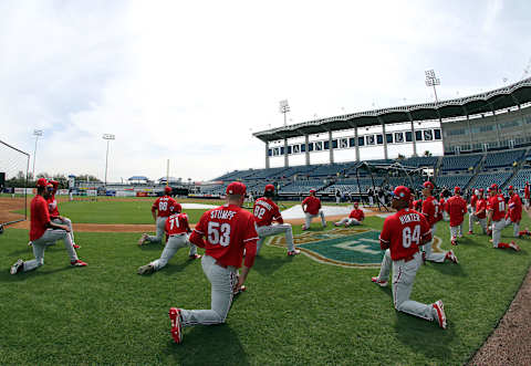 CLEARWATER, FL- MARCH 03: The Philadelphia Phillies warm up before the game against the New York Yankees at George M. Steinbrenner Field on March 3, 2016 in Clearwater, Florida. (Photo by Justin K. Aller/Getty Images)